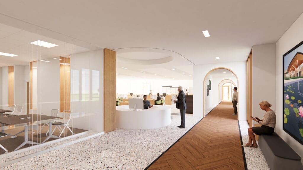 Interior rendering of the Sarasota County History Center, showing public gathering and exhibition space designed to support local history displays, research, and community programming.