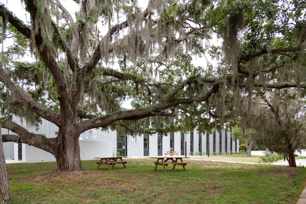 Rear exterior of the Sarasota County Parks, Recreation, and Natural Resources Administration Center, framed by a live oak with Spanish moss and picnic tables on the lawn at Twin Lakes Park.